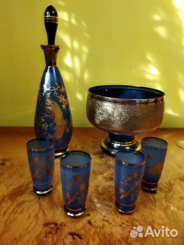 Кобальт стекло Чехословакия набор и ваза, фужеры