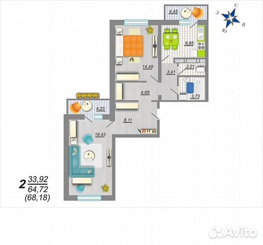 2-к квартира, 68 м², 12/17 эт.