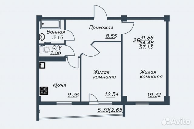 2-к квартира, 57 м², 2/14 эт.