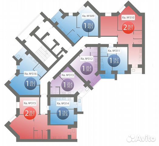 2-к квартира, 65.1 м², 9/16 эт.