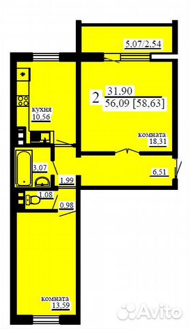 2-к квартира, 58.7 м², 4/10 эт.