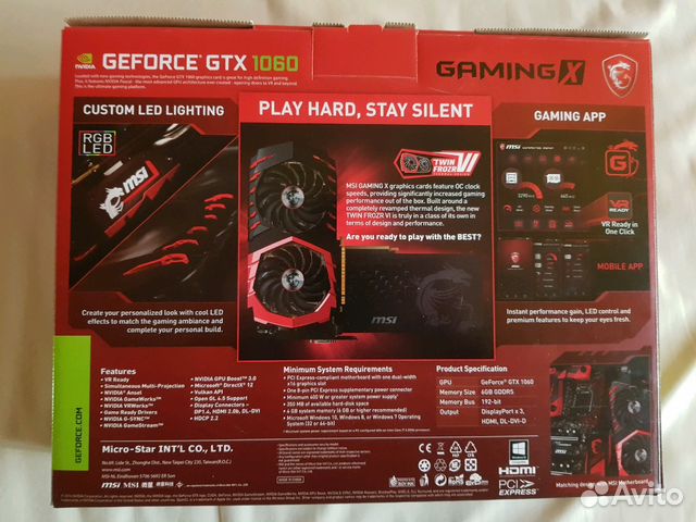 Видео карта MSI Geforce GTX 1060 gaming x