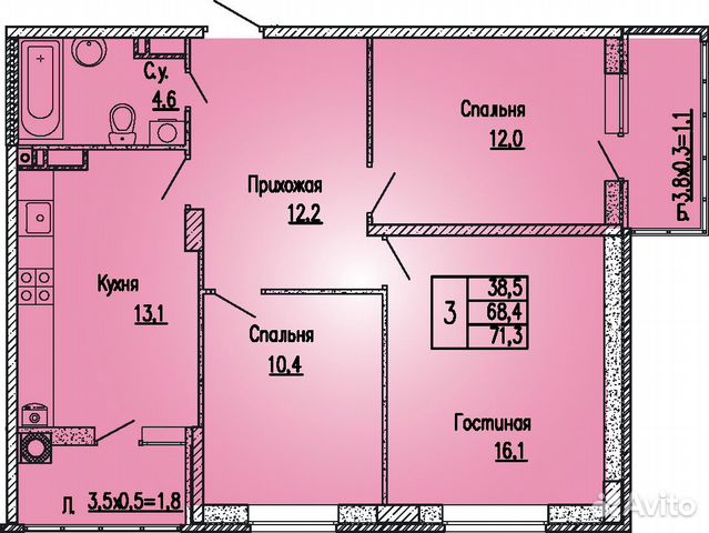 3-к квартира, 71.3 м², 10/24 эт. 3-к квартира, 71.3 м², 10/24 эт.