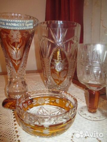 Ваза бокалы хрусталь с янтарем и другое