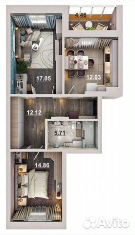 2-к квартира, 64 м², 17/19 эт.