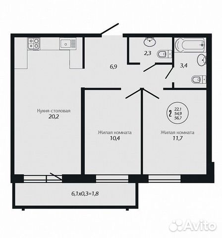 2-к квартира, 56.7 м², 15/19 эт.