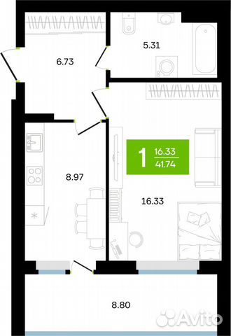 1-к квартира, 41.7 м², 7/15 эт. 1-к квартира, 41.7 м², 7/15 эт.