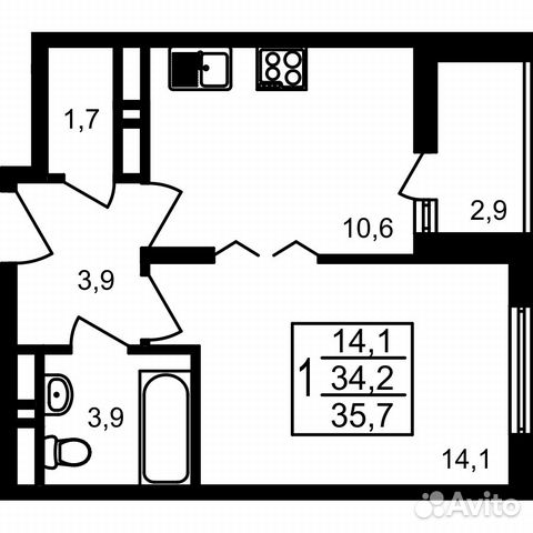 1-к квартира, 35.7 м², 16/17 эт.