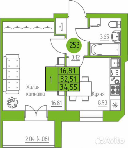 1-к квартира, 34.6 м², 6/9 эт.