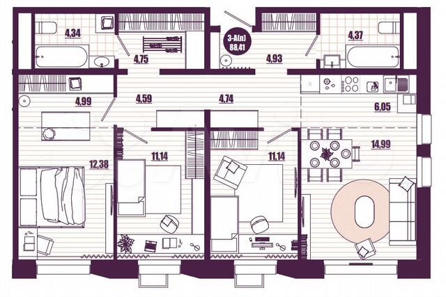 3-к. квартира, 88,4 м², 6/16 эт.