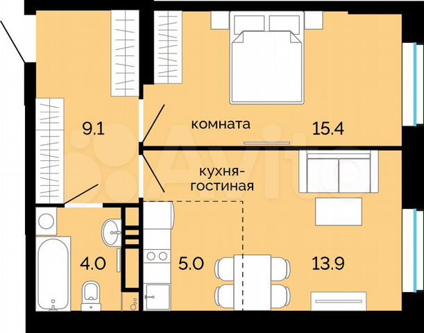 2-к. квартира, 47,4 м², 7/25 эт.