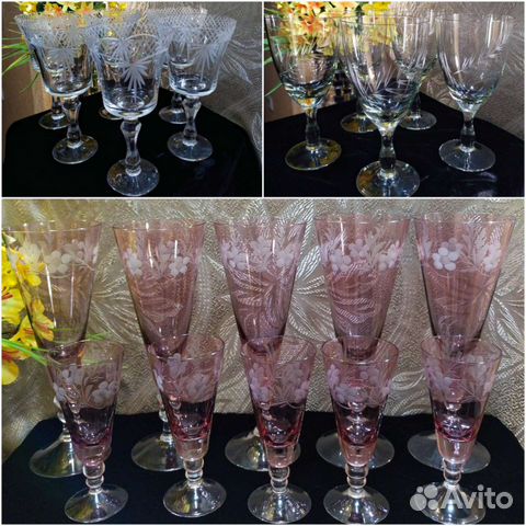 Наборы фужеров, цветное стекло. Винтаж СССР