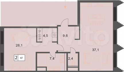 2-к квартира, 87 м², 4/6 эт.