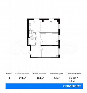 3-к квартира, 69.1 м², 22/23 эт.