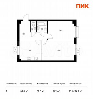2-к квартира, 57.8 м², 12/33 эт.