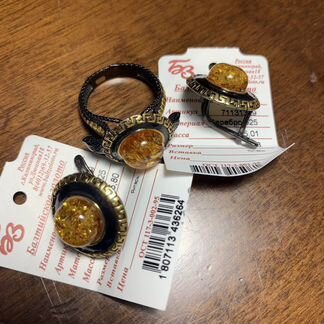 Кольцо и серьги серебро с позолотой. Янтарь
