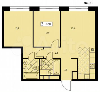 3-к квартира, 67 м², 7/14 эт.