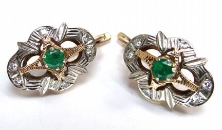 Золотые серьги 585 пробы, изумруды и бриллианты
