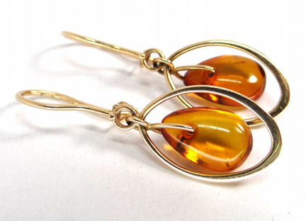 Золотые серьги с янтарными подвесками 585 пр, СССР