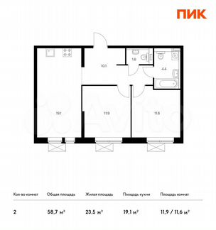 2-к квартира, 58.7 м², 27/33 эт.